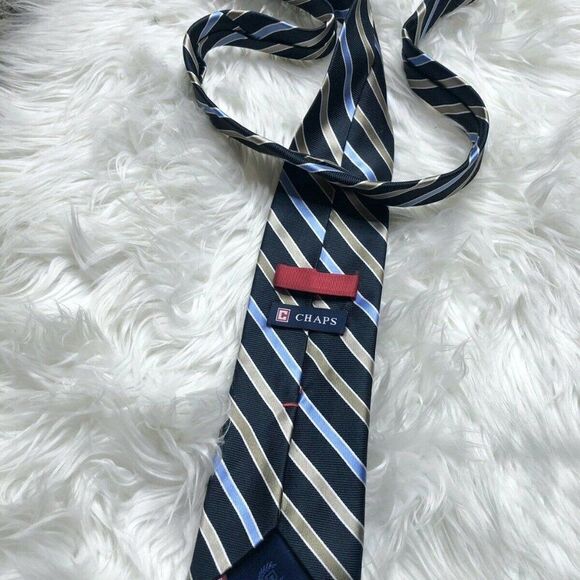 CHAPS Men's Tie Blue Black and Gold Stripes - Picture 2 of 3